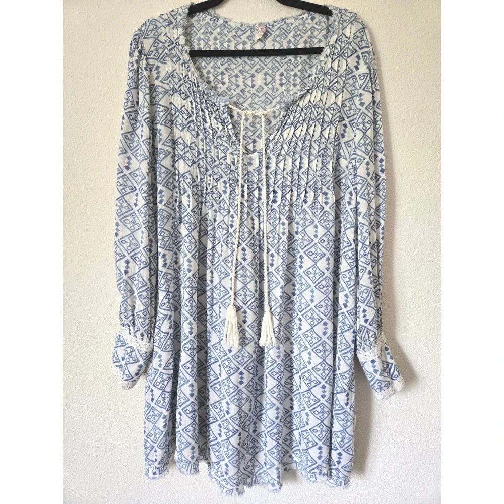 Free People Blue White Pintuck Tassels Boho Mini Dress Large Oversized Lace Cuff